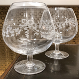 Pair Etched Garland Brandy Glasses
