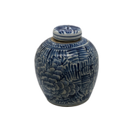 Blue and White Lidded Pot With Peony Design