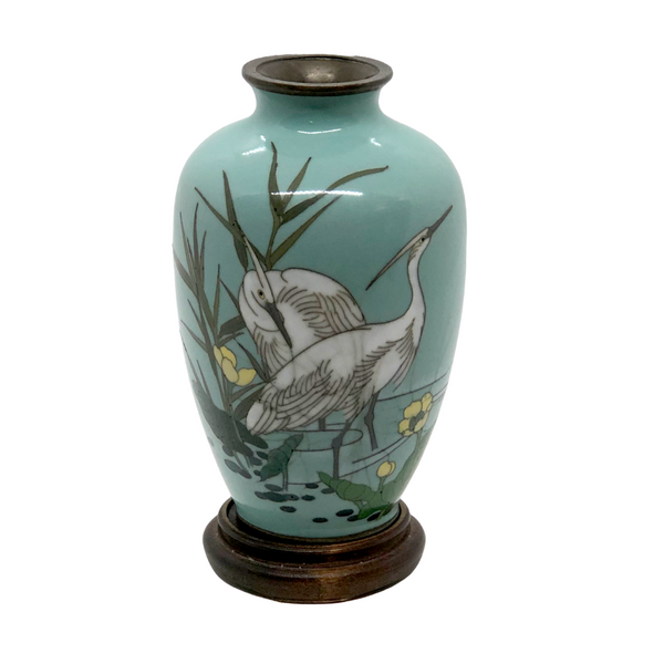 Asian Cloisonné Vase With Two Cranes