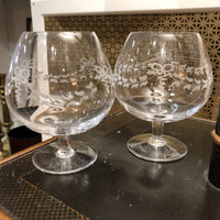 Pair Etched Garland Brandy Glasses