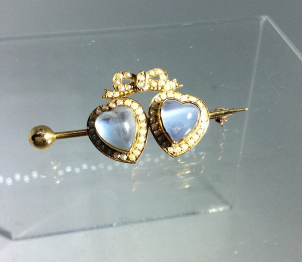 Double Heart Brooch 14K with Stones
