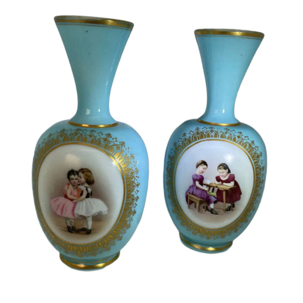 Pr. English Blue Bristal Enamel Glass Vases