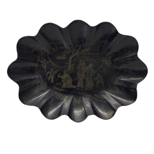 Papier Mache Lacquerware Chinoiserie Bowl with Scalloped Edges