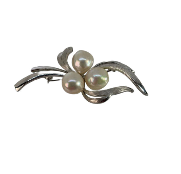 Floral 14K Mikimoto Brooch with 3 Pearls