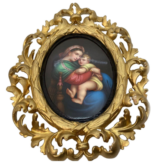 Gilt Framed Porcelain Plaque Madonna & Child