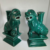 Pair of Green Glazed Lion Vases