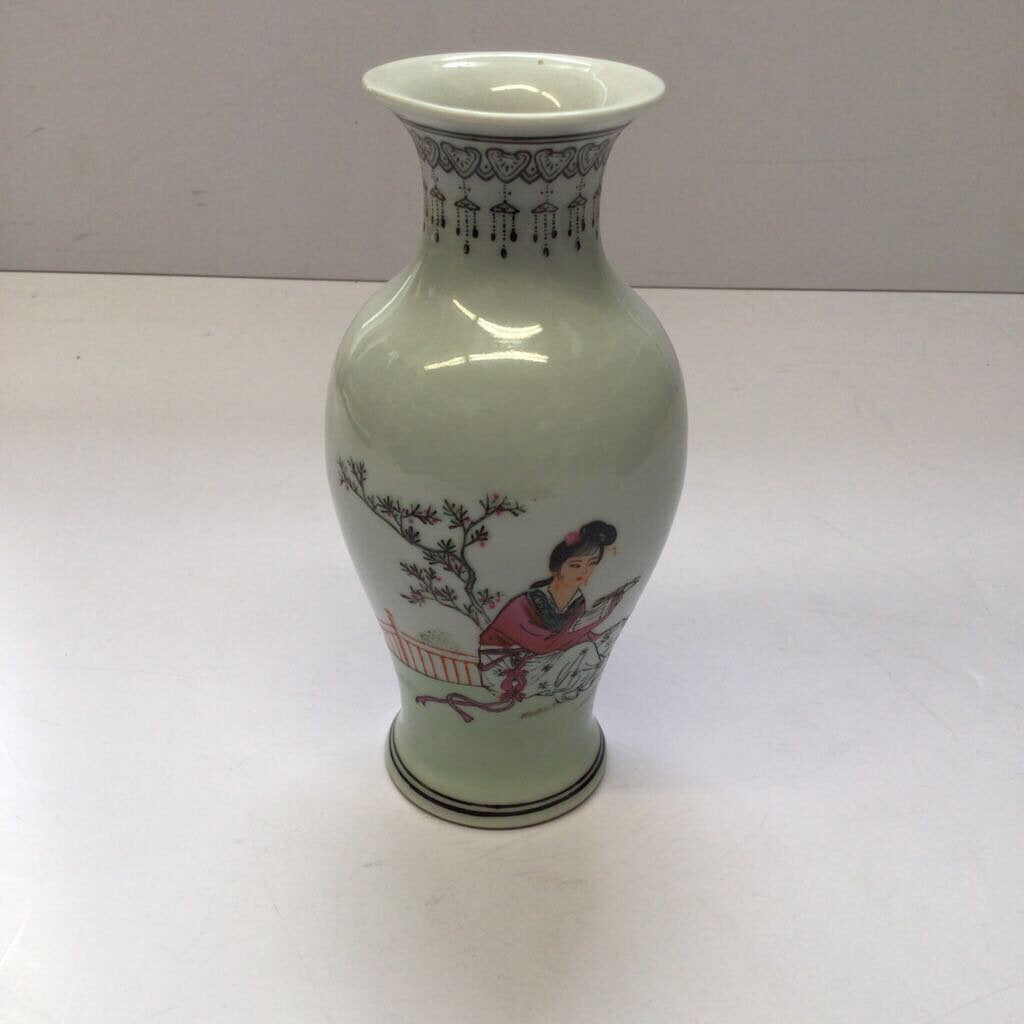 Porcelain Bud Vase with Reading Figure