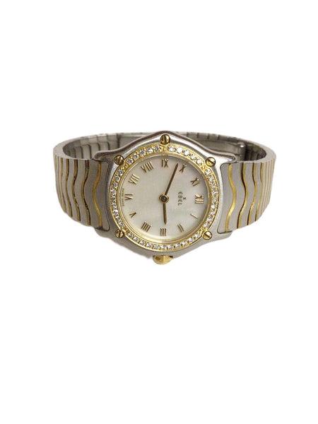 Ladies stainless steel + 18 Kt gold Ebel watch with MOP dial and diamonds