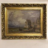 European Village by the Sea. Oil on Canvas. Late 19th Century