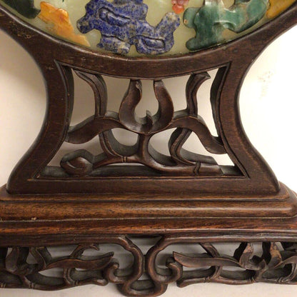 Chinese Table Screen with Semi-Precious Stones on Carved Rosewood Stand.