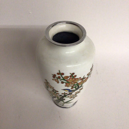 Cloisonne Vase, White Ground w/Bird in Tree