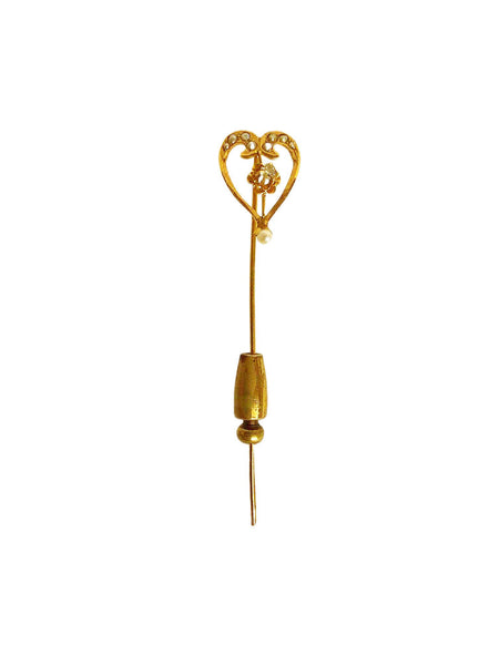 14K Gold, Diamond, Pearl, & Brass Stick Pin, Heart-Shaped