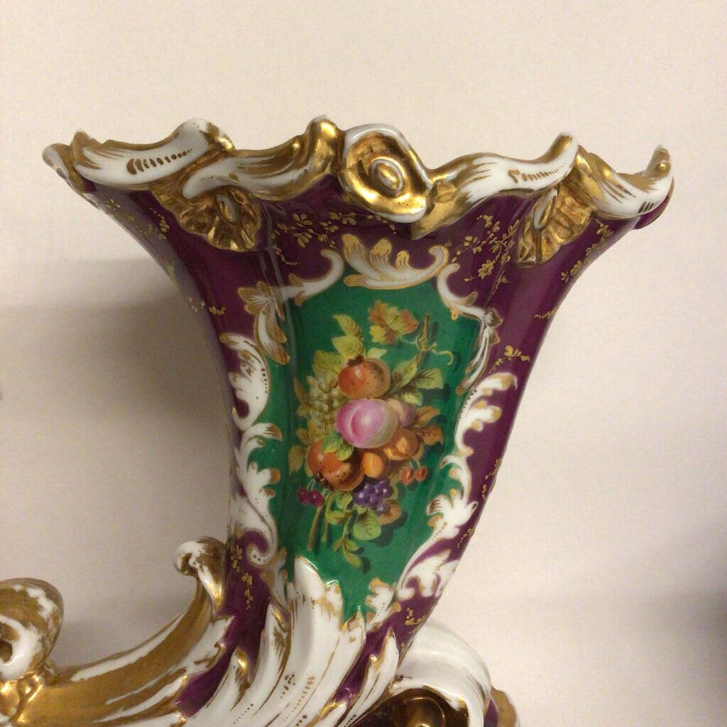 Pair of French Paris Porcelain Cornucopia Vases, One Marked MA