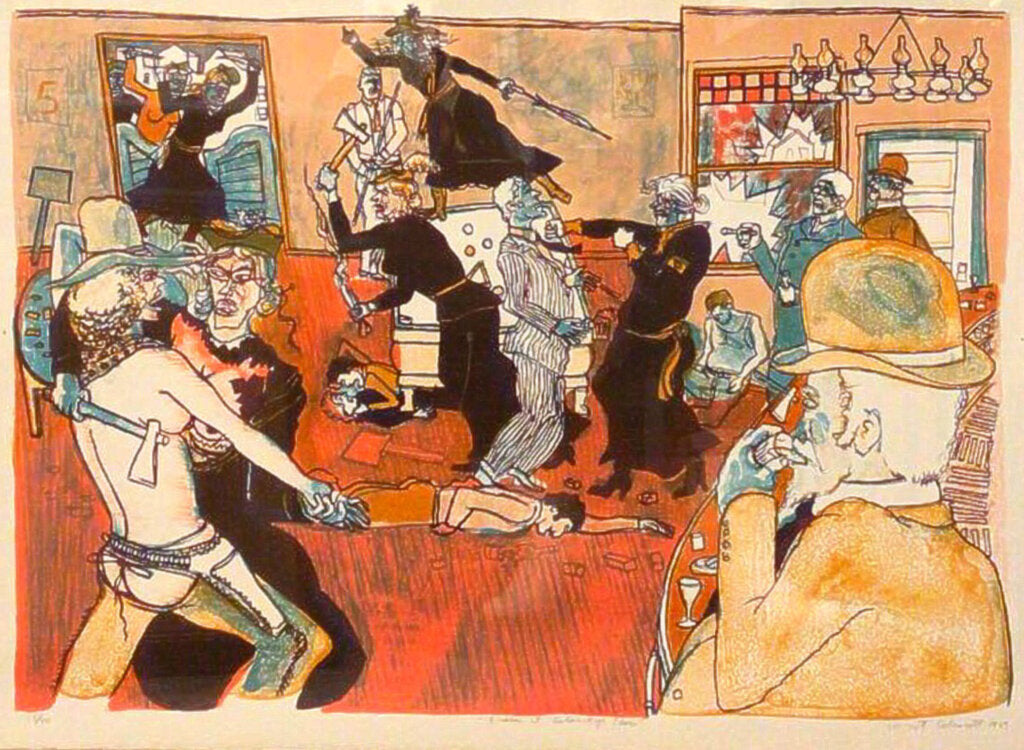 Warrington Colescott. Fracas at Calamity's Place. Signed, Numbered Lithograph. 1969