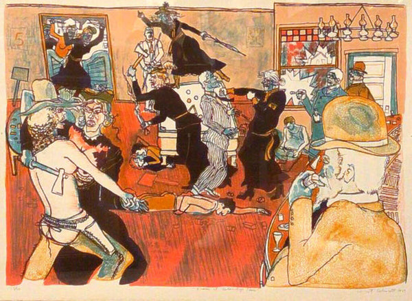 Warrington Colescott. Fracas at Calamity's Place. Signed, Numbered Lithograph. 1969