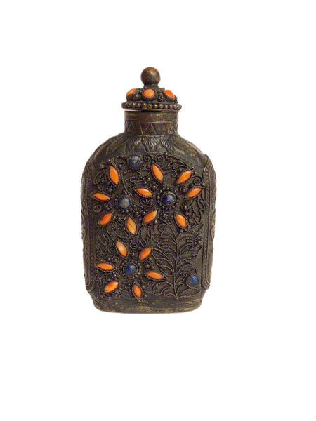 Metal Snuff Bottle with Inlaid Stones