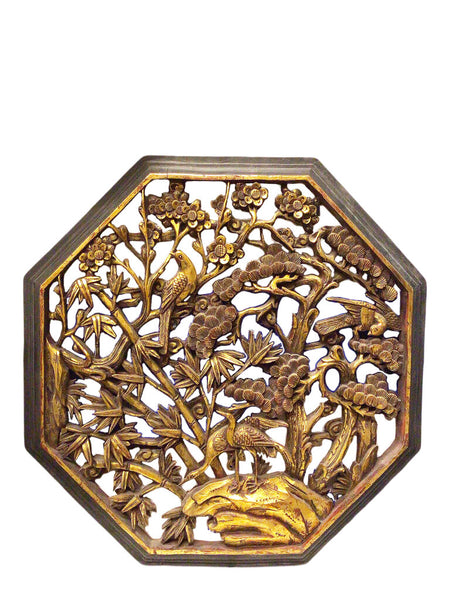 Chinese Gilt and Rouge Painted Hexagonal Carved Wood Plaque