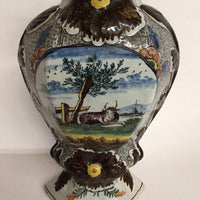 Tin-Glazed Ceramic Lidded Vase Bucolic Scene
