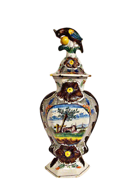 Tin-Glazed Ceramic Lidded Vase Bucolic Scene